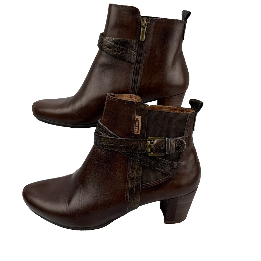 Pikolinos Segovia Brown Leather Ankle Boots Size 39 EU 8.5 US Buckle Harness Zip